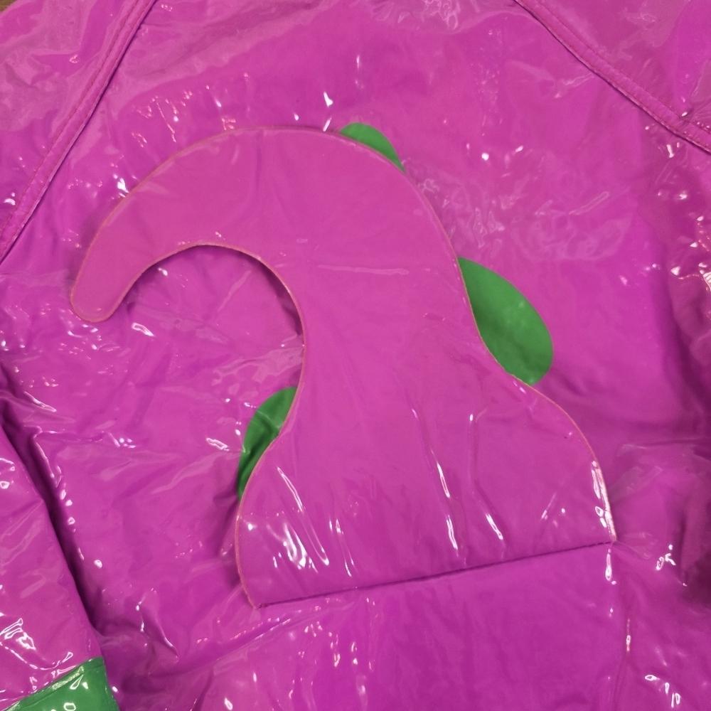 Vintage 90s Barney Dinosaur Kids Raincoat Hooded Purple PVC Jacket Costume - Picture 14 of 16
